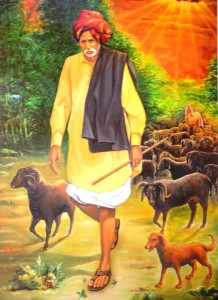 Picture of Balumama, a shepherd who lived from 1892 to 1966 and is now worshipped as a folk deity. His is wearing the kambli, traditionally made from Deccani sheep wool over his shoulder
